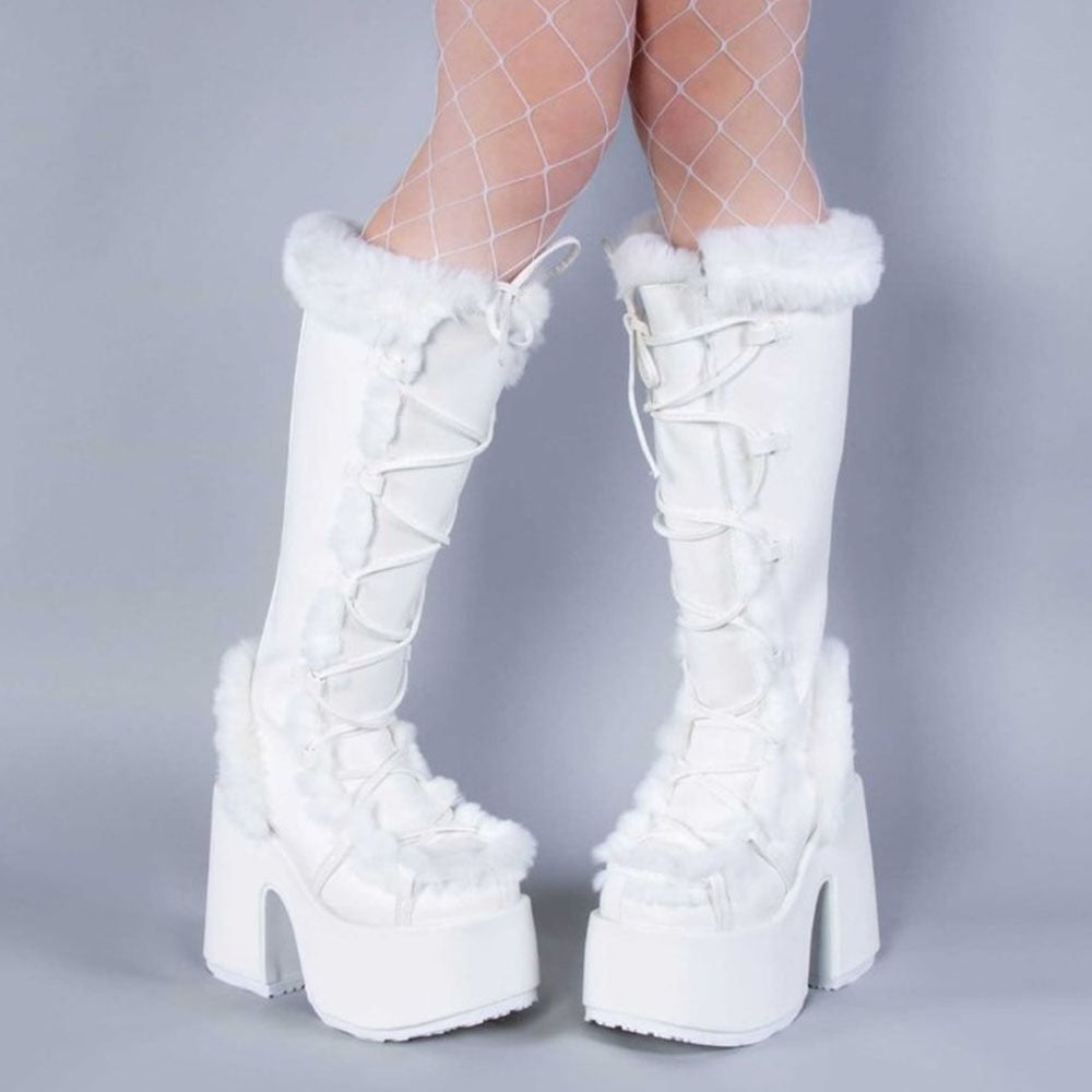 White Pink Brown Lace-up Snowbunny Fur Platform Boots | Kawaii Babe
