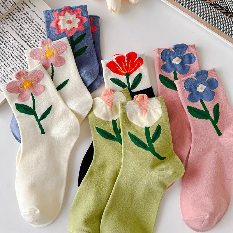Cute Spring Socks Kawaii Pastel Floral Tulip Rose Spring Flower Socks | Kawaii Babe