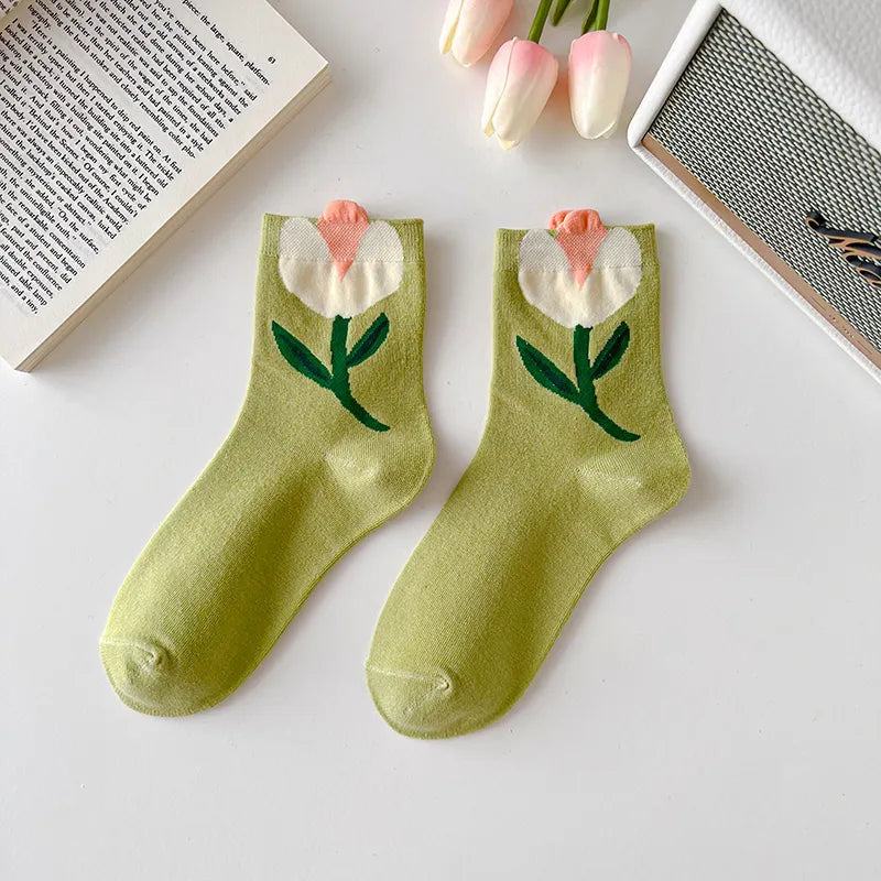 Cute Spring Socks Kawaii Pastel Floral Tulip Rose Spring Flower Socks | Kawaii Babe