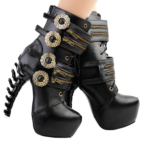 Steampunk booties - back goth - gothic - black leather - bone heels - bones