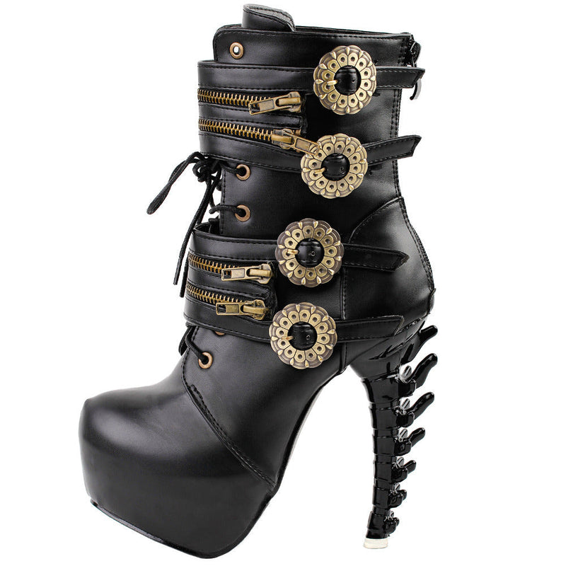 Steampunk booties - back goth - gothic - black leather - bone heels - bones