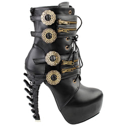 Steampunk booties - back goth - gothic - black leather - bone heels - bones