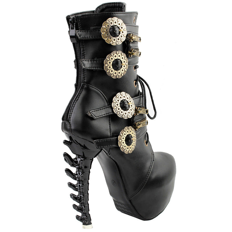 Steampunk booties - back goth - gothic - black leather - bone heels - bones