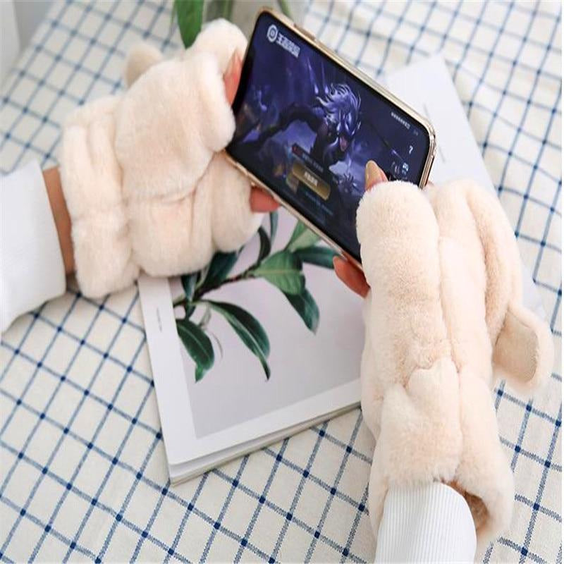 Kawaii strawberry bunny plush soft mittens gloves