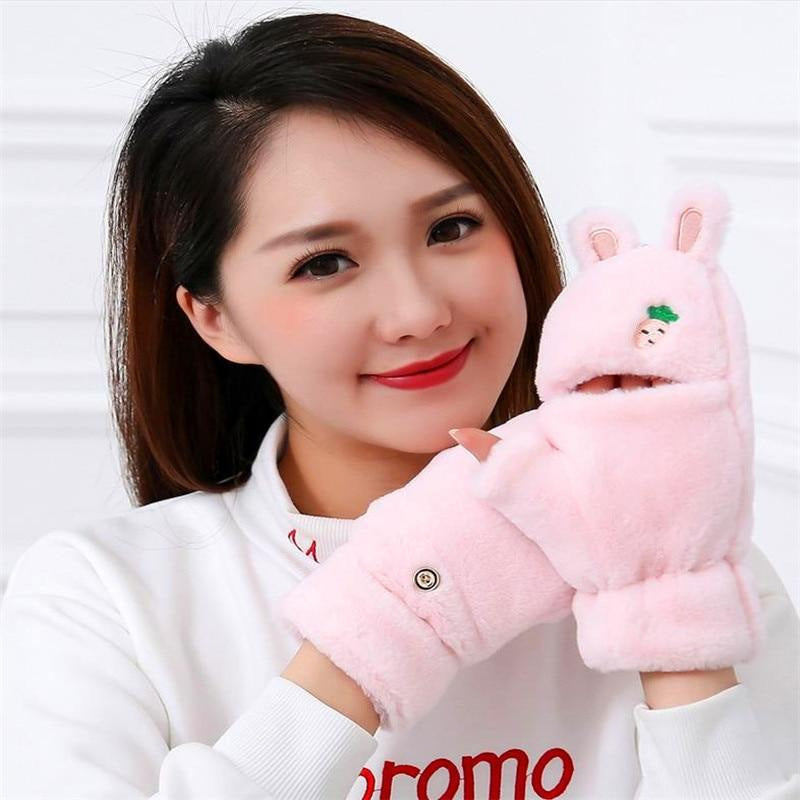 Kawaii strawberry bunny plush soft mittens gloves