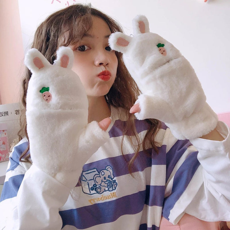 Kawaii strawberry bunny plush soft mittens gloves