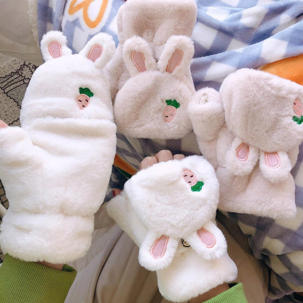 Kawaii strawberry bunny plush soft mittens gloves