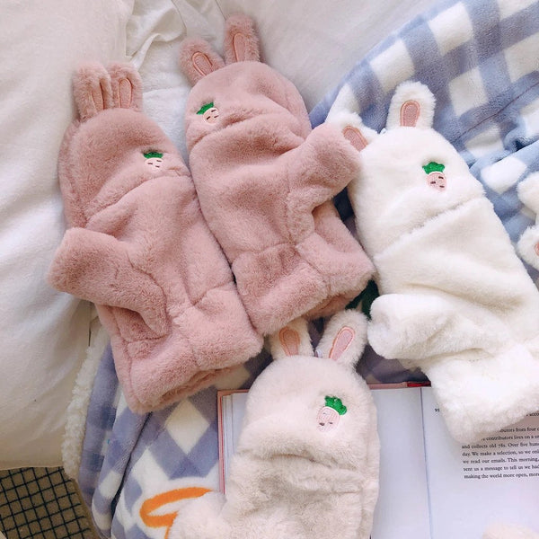 Kawaii strawberry bunny plush soft mittens gloves