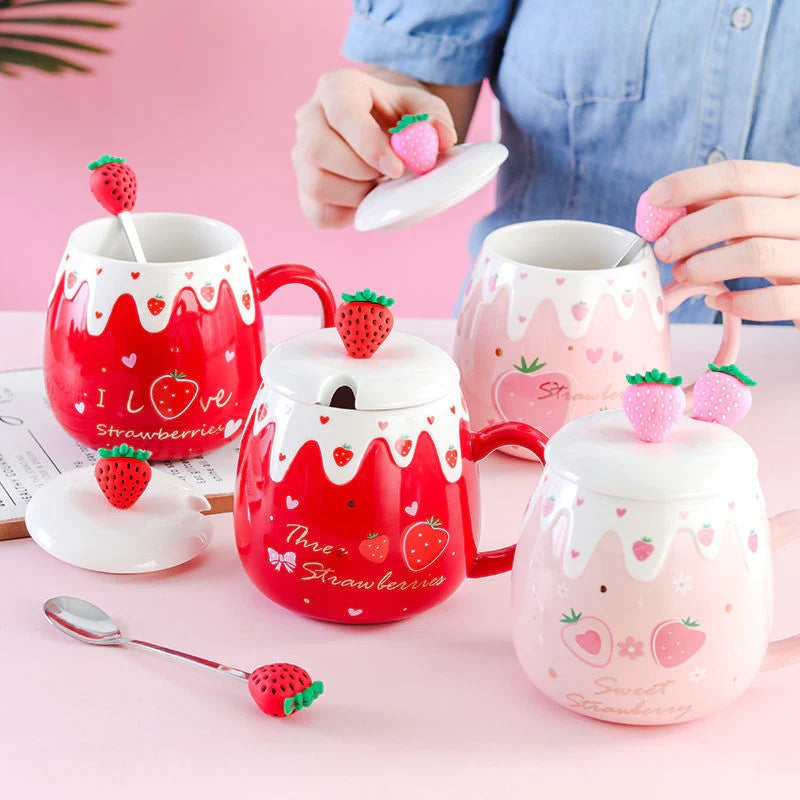 XinHuiGY Pink Mug,Cute Strawberry Cup with Cover Spoon,Ceramic Coffee Mug,  Kawaii Cup for Tea Milk,W…See more XinHuiGY Pink Mug,Cute Strawberry Cup