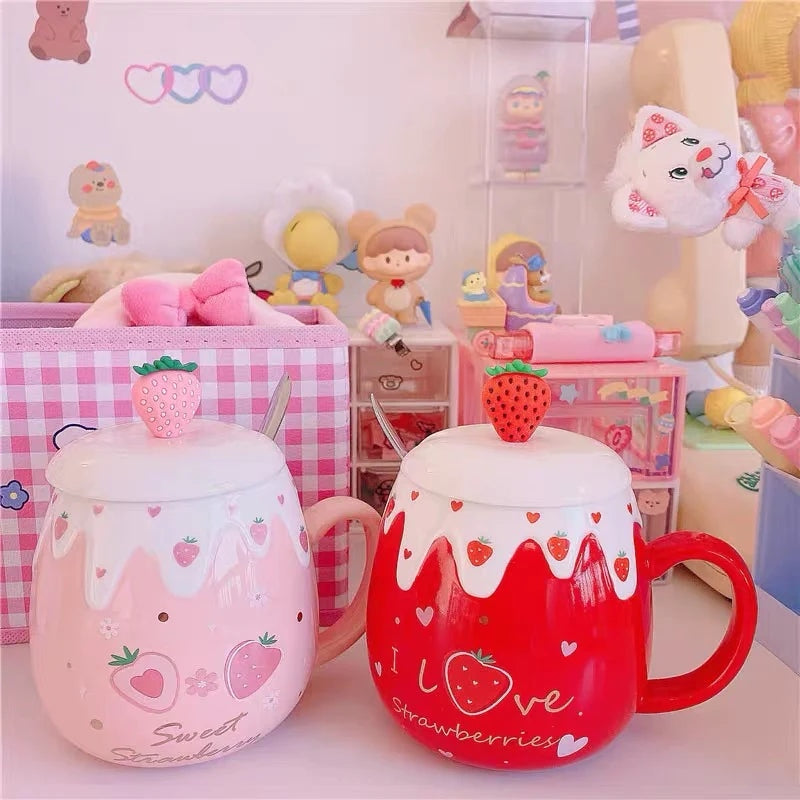 XinHuiGY Pink Mug,Cute Strawberry Cup with Cover Spoon,Ceramic Coffee Mug,  Kawaii Cup for Tea Milk,W…See more XinHuiGY Pink Mug,Cute Strawberry Cup