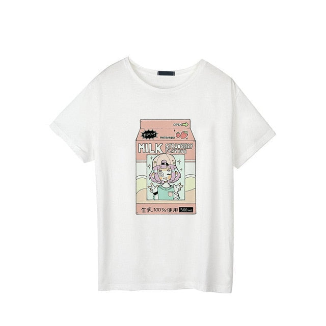 Strawberry milk graphic tee - 80s style tee - box - fairy kei - food - fruit