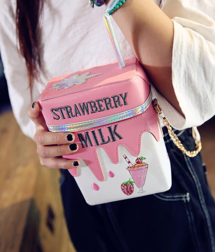 Strawberry milk handbag - 2 dimensional purse - 2d - 3d - box