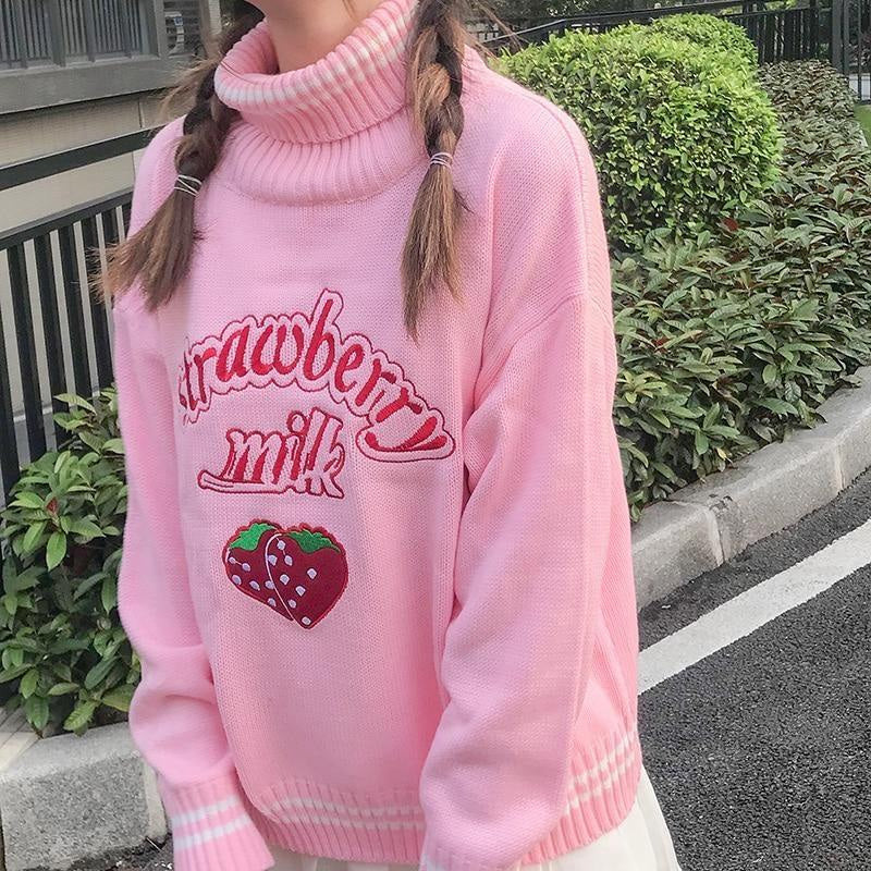 Strawberry milk knit sweater - embroidered - embroidery - fairy kei - harajuku