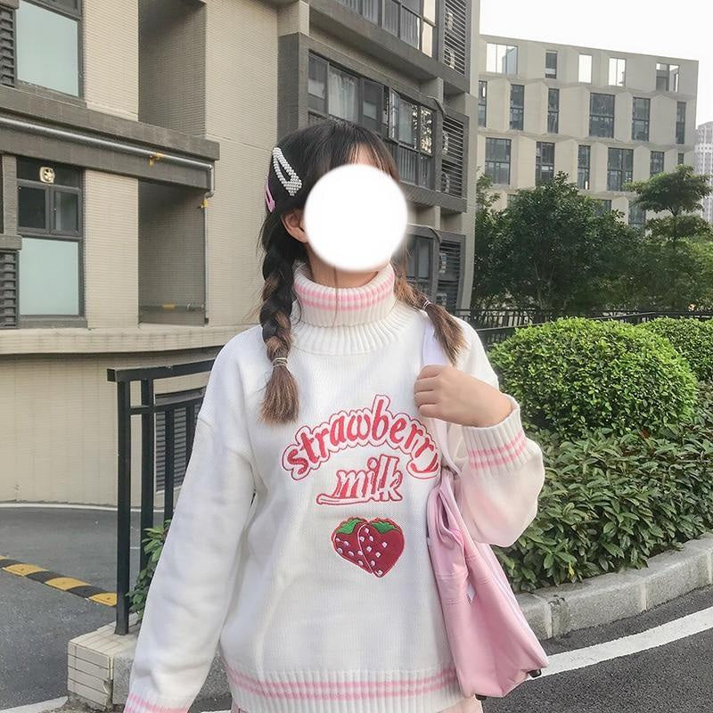 Strawberry milk knit sweater - embroidered - embroidery - fairy kei - harajuku