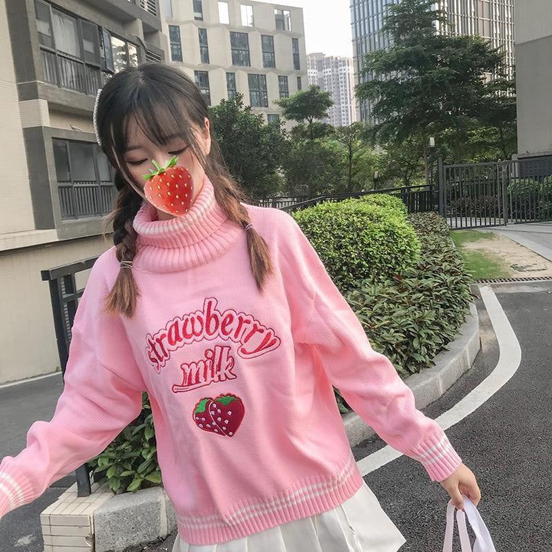 Strawberry milk knit sweater - embroidered - embroidery - fairy kei - harajuku