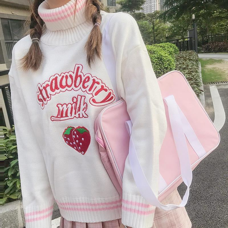 Aesthetic Pastel Turtleneck Sweater Strawberry Milk Knit Sweater