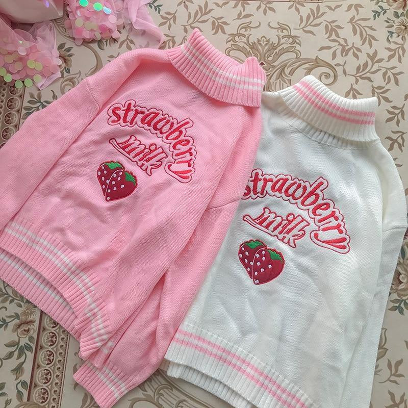 Strawberry milk knit sweater - embroidered - embroidery - fairy kei - harajuku