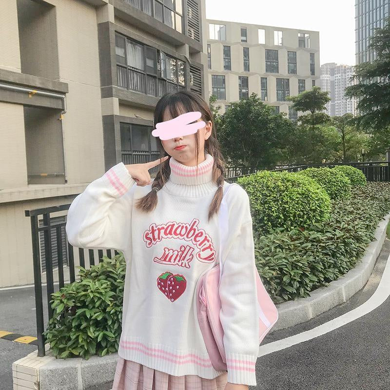 Strawberry milk knit sweater - embroidered - embroidery - fairy kei - harajuku