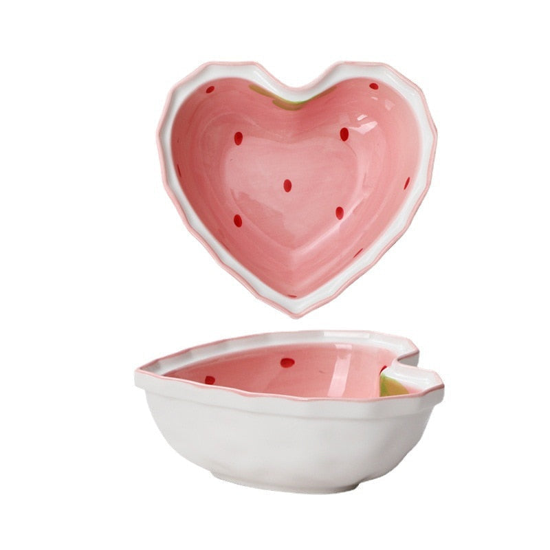 Kawaii Strawberry Pink Heart Ceramic Cereal Bowl & Spoon