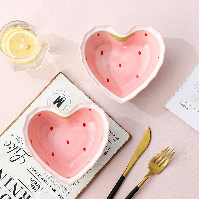 Kawaii Strawberry Pink Heart Ceramic Cereal Bowl & Spoon