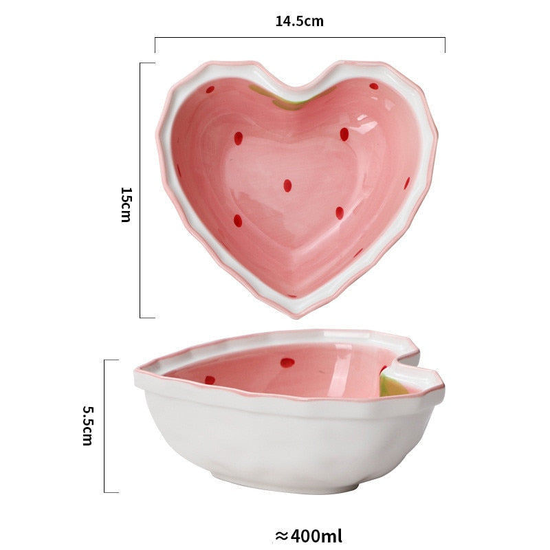 Kawaii Strawberry Pink Heart Ceramic Cereal Bowl & Spoon