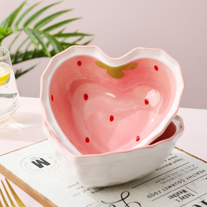 Kawaii Strawberry Pink Heart Ceramic Cereal Bowl & Spoon