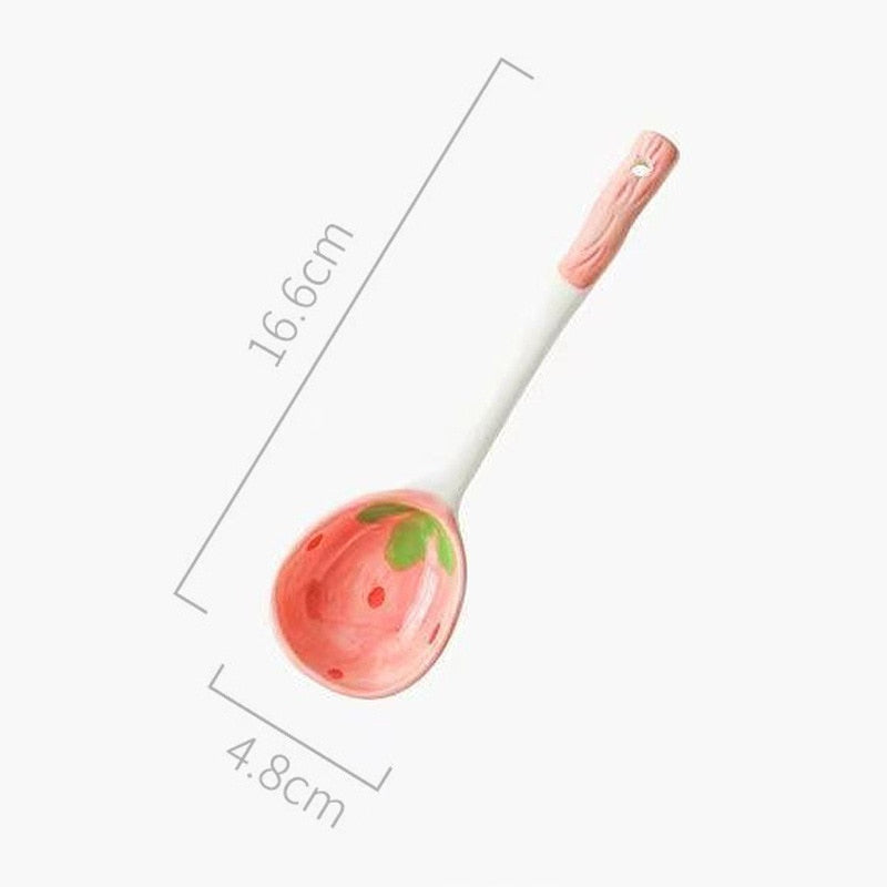 Kawaii Strawberry Pink Heart Ceramic Cereal Bowl & Spoon