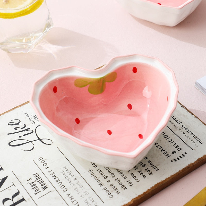 Kawaii Strawberry Pink Heart Ceramic Cereal Bowl & Spoon