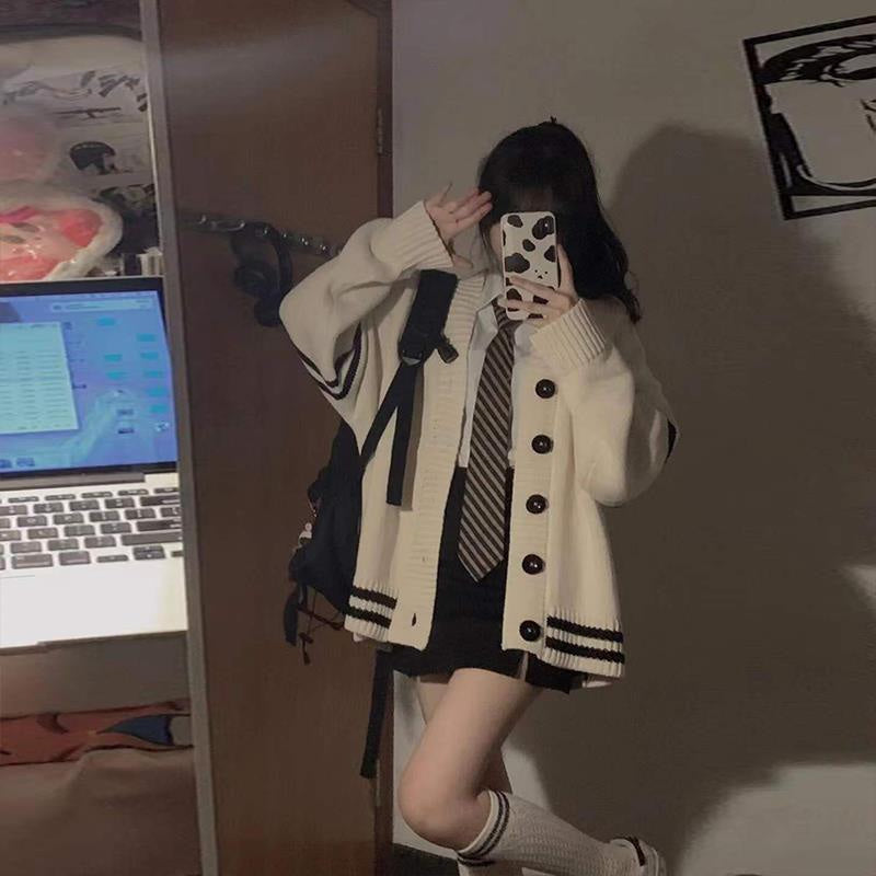 Kawaii stripes & buttons oversized academia knit cardigan