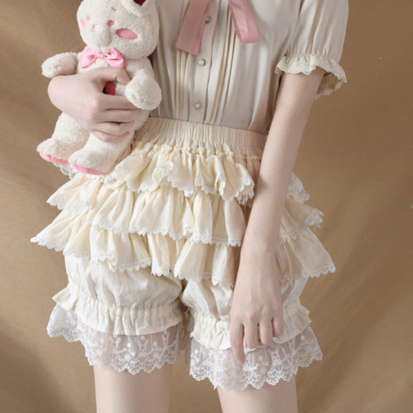 Ruffled Puffy Sweet Beige Lace Bloomer Shorts | Kawaii Babe
