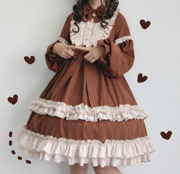 Sweet brown academia dress - academia - brown - kawaii - lace - ruffled