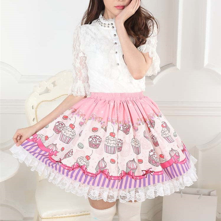 Pink cupcake print ruffle skirt with white lace and purple striped trim