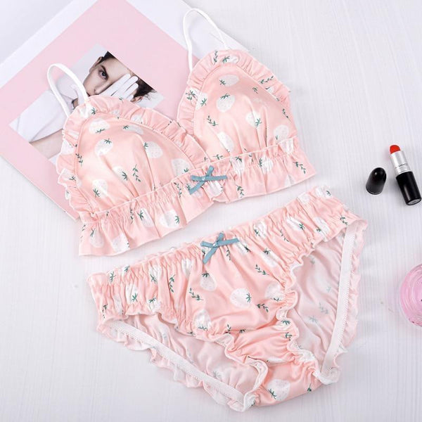 Kawaii sweet peach lingerie set ruffled white fruit