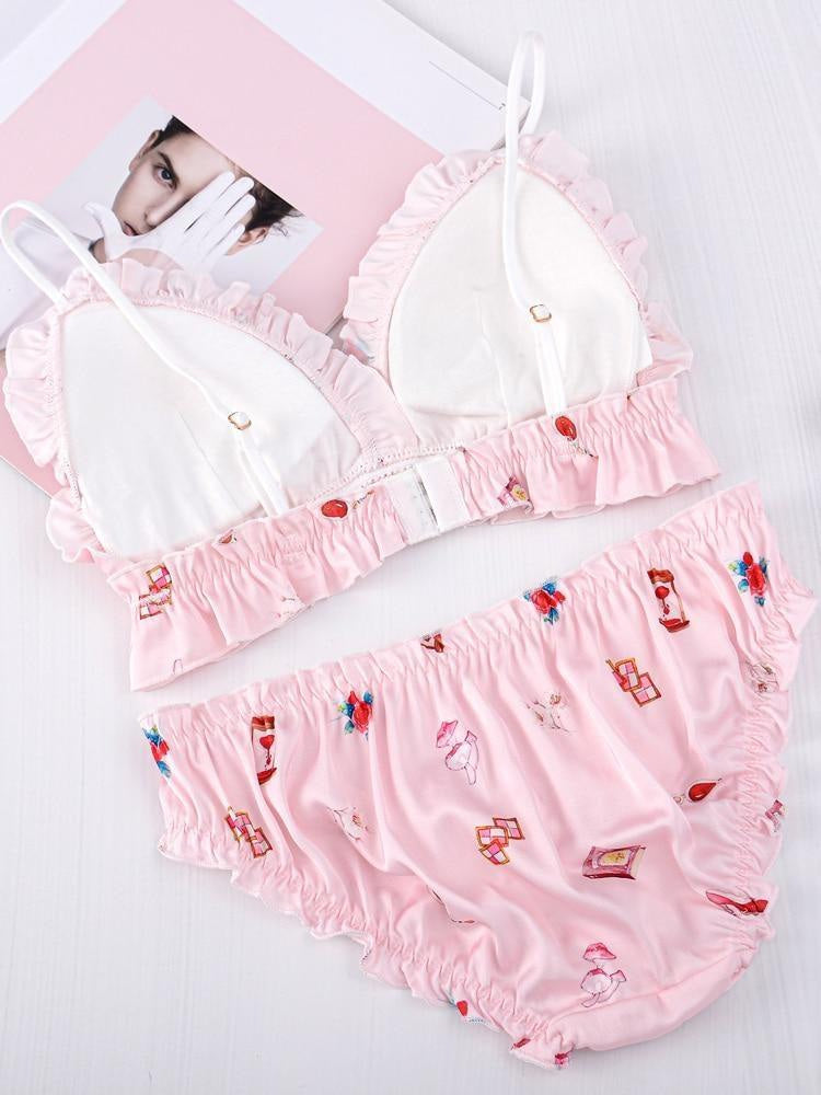 Kawaii sweet peach lingerie set ruffled white fruit