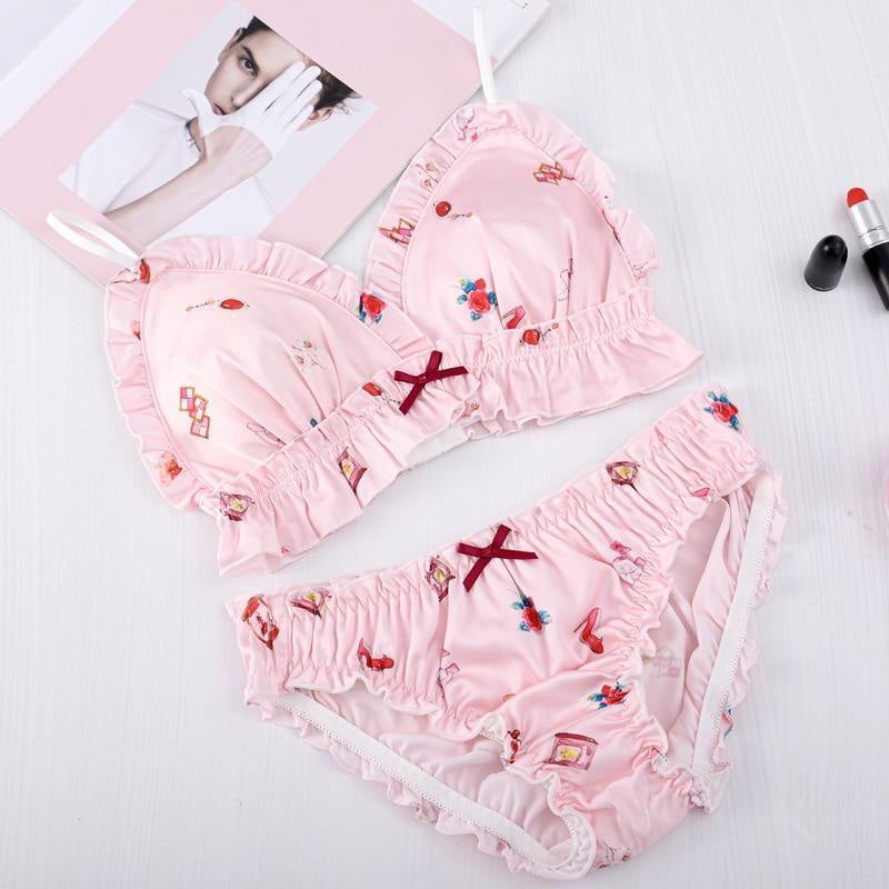 Kawaii sweet peach lingerie set ruffled white fruit