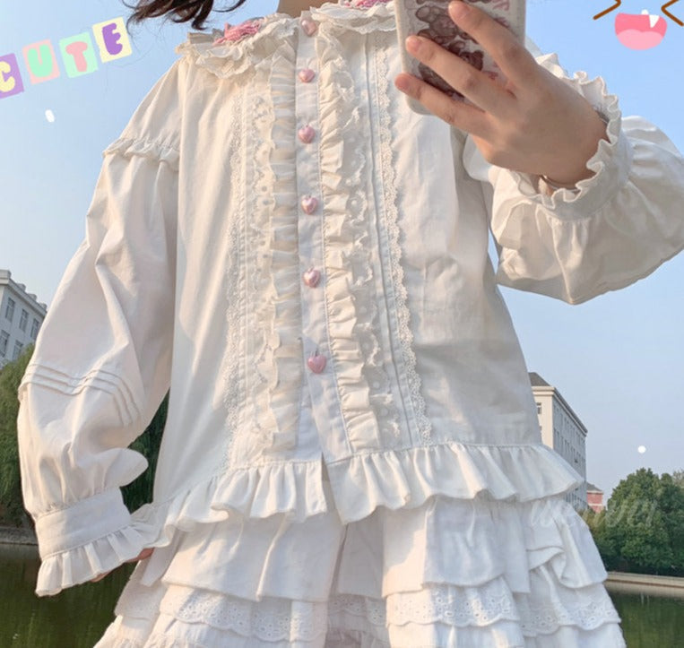 Sweet ruffled candy blouse - bows - kawaii - lace - ruffled - ruffles