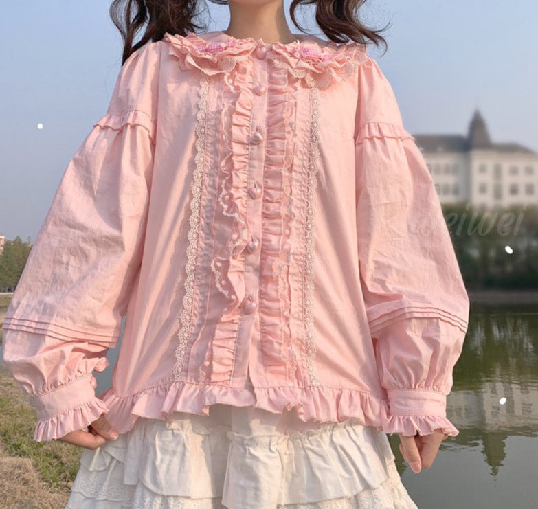 Sweet ruffled candy blouse - bows - kawaii - lace - ruffled - ruffles