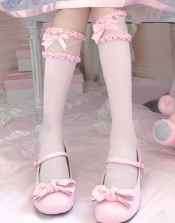 Sweet satin ribbon lace knee socks - bows - hosiery - kawaii - lace - satin