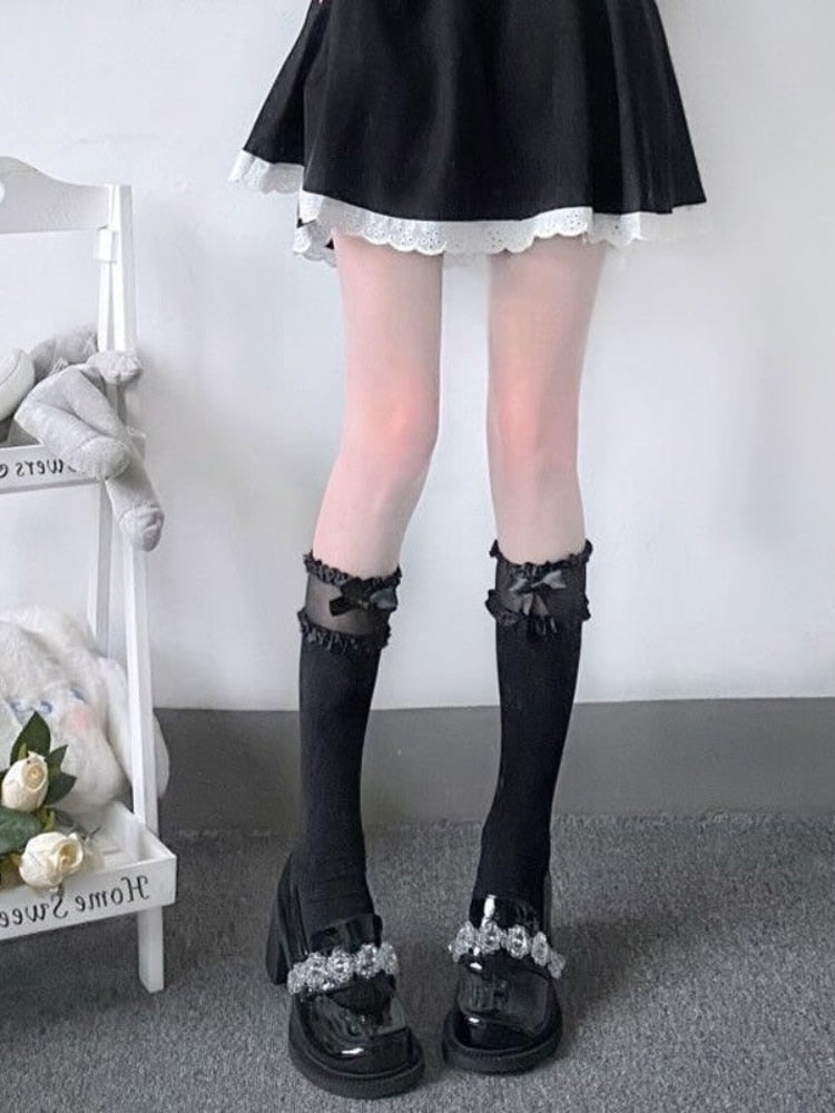 Sweet satin ribbon lace knee socks - bows - hosiery - kawaii - lace - satin