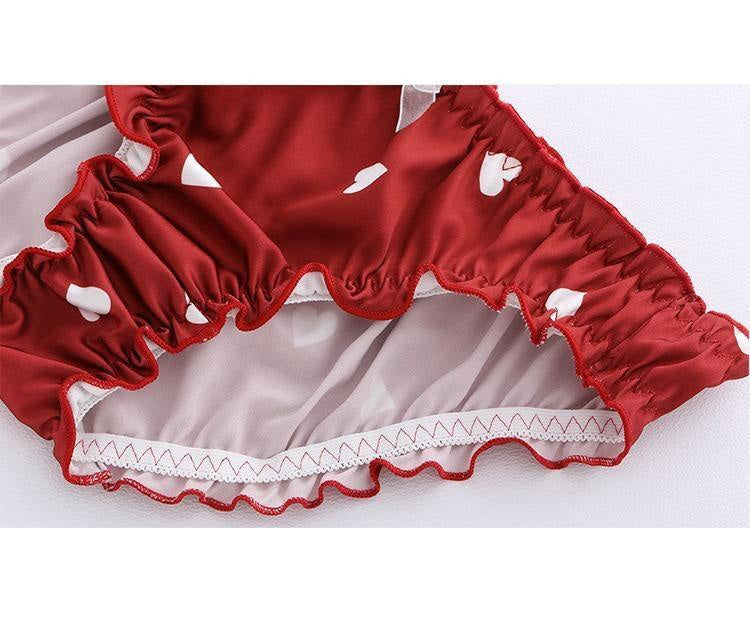 Kawaii sweet valentine silk satin lingerie set girly ruffled