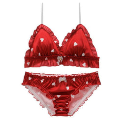 Kawaii sweet valentine silk satin lingerie set girly ruffled