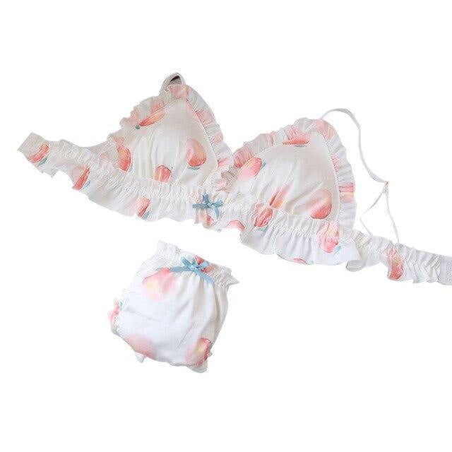 Kawaii sweet valentine silk satin lingerie set girly ruffled