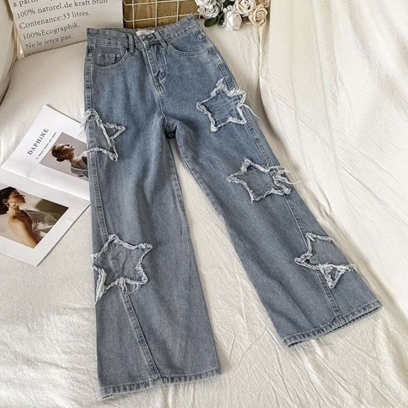 Kawaii tattered & frayed star patchwork y2k denim blue jeans