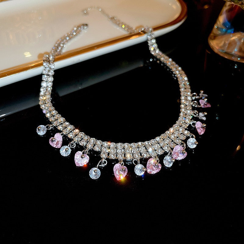 Kawaii teardrop layered pearl choker necklace with rhinestones