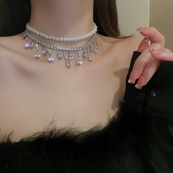 Kawaii teardrop layered pearl choker necklace with rhinestones