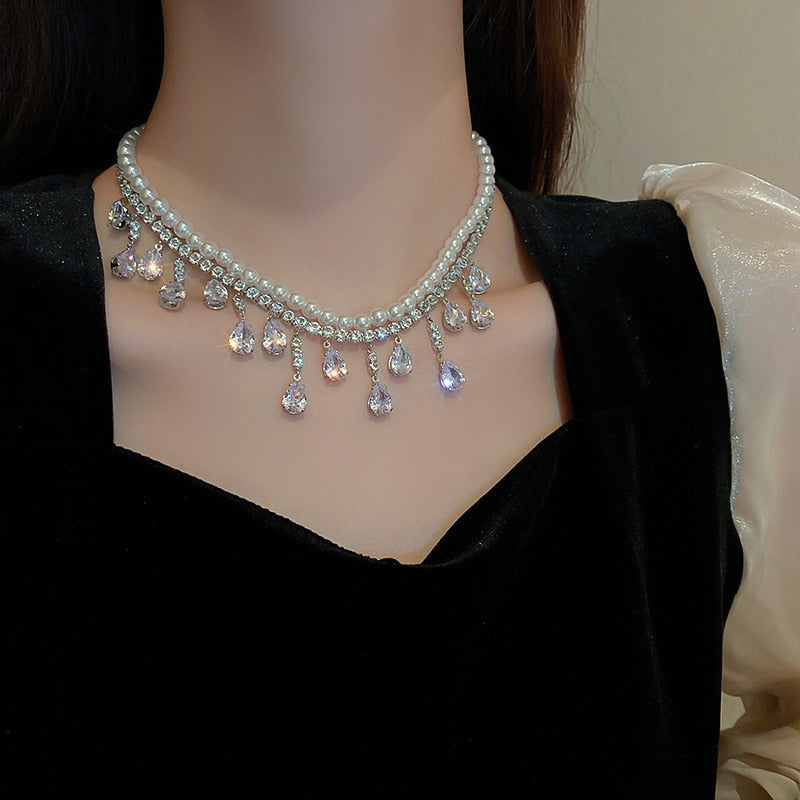 Kawaii teardrop layered pearl choker necklace with rhinestones