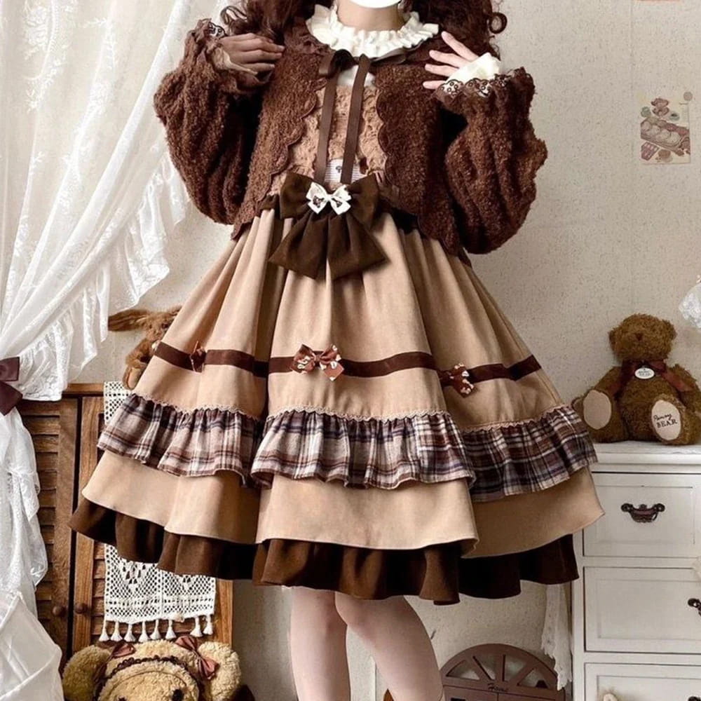 Teddy Bear Lolita JSK Dress with Fuzzy Plaid Ruffles and Bow – Kawaii Babe
