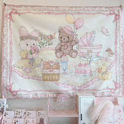 Teddy bear picnic wall tapestry - bunny - fairy kei - home decor - kawaii - rabbit