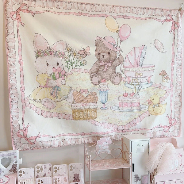 Teddy bear picnic wall tapestry - bunny - fairy kei - home decor - kawaii - rabbit