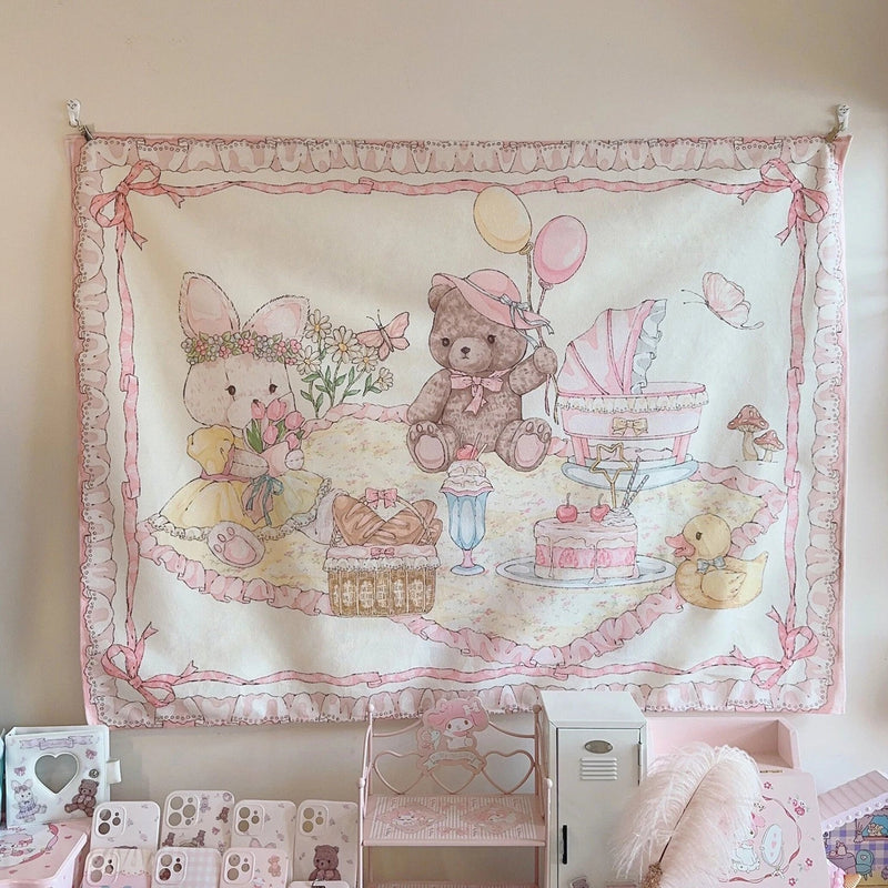 Teddy bear picnic wall tapestry - bunny - fairy kei - home decor - kawaii - rabbit